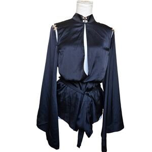 Honey Birdette S Melissa Romper Top Black Kimono Style Satin Blouse Gold Accents